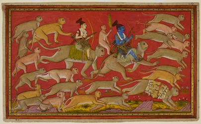 Rama organizes his army of monkeys and bears, with Hanuman as his mount and Lakshmana riding Angada