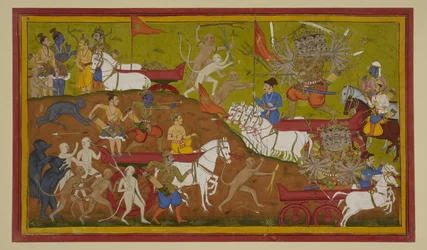 Rama receives Indra’s chariot and armour, battles Ravana fiercely, forcing him to retreat