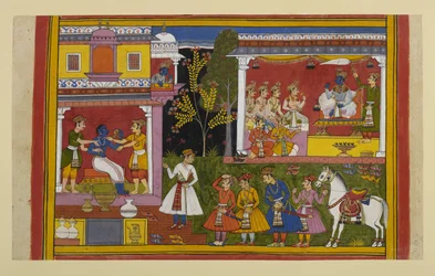 Rama wakes to praises, bathes, and sits in his throne room, where everyone pays homage to him