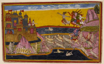 Rama, with the help of the monkey engineer Nala, builds a bridge across the sea to Lanka, enabling the monkeys and demons to cross, c.1653 (miniature)