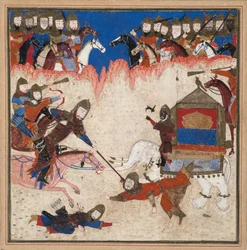 Rustam lassos the Khaqan of China and pulls him from his elephant