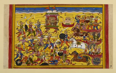 Ravana battles the Nivatakavacas for a year until Brahma intervenes and they make peace