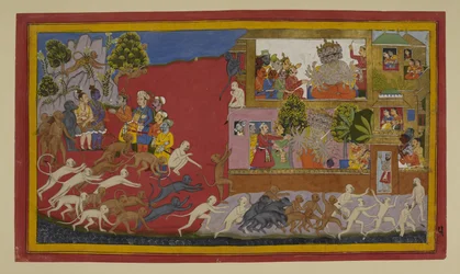 Ravana deceives Sita with a fake head; monkeys scout Lanka