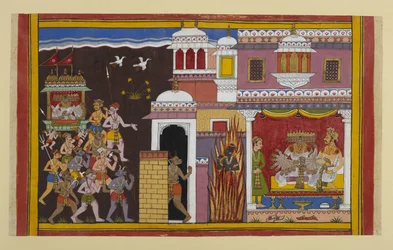 Ravana meets Bali in a palace guarded by Vishnu, who vanishes, sparing him for now