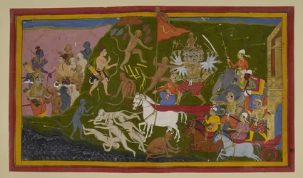 Ravana wounds monkeys; Hanuman and Lakshmana attack, challenging him