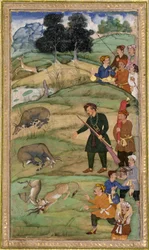 Salim, holding his rifle, gestures at a dead nilgai