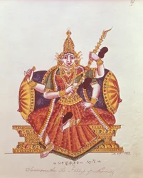 Saratheswathee, Hindu goddess of learning, with Singhalese and English inscription