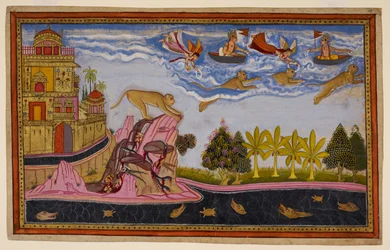 Sita prays for Hanuman, who reassures her and returns, flying through the clouds, showered with flowers. 1653