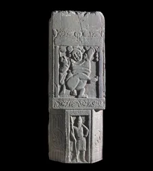 Stupa slab showing a dwarf and Scythian figures, from the site of Nagarjuna