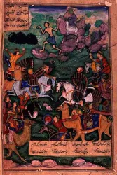 The Battle of Clans, folio 15b from the poem Layla and Majnun, written by Amir Khusrau Dihlavi (1253-1325) based on the story from the Khamsa (Quintet) by Nizami, Mughal, 1600