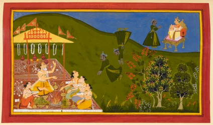 Trishanku ascends to heaven but is told by Indra to return to earth, and as he falls, he calls out to Vishvamitra for help