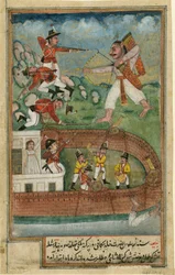 A demon attacking a fort defended by European soldiers - Indian Art - c. 1790 - Private Collection