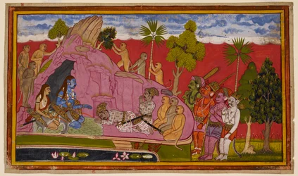 Vibhishana abandons Ravana and, with his followers, joins Rama, bowing before him. 1653 (miniature)