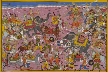 Vishnu battles the demons; Mali falls, pierced by a lance