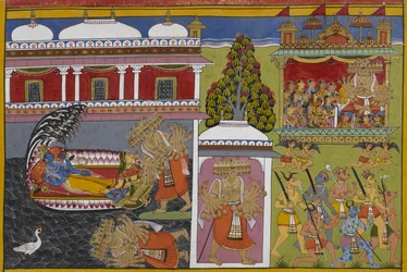 Vishnu rests with Lakshmi as Ravana falls, then abducts women in his chariot