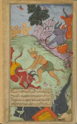 Angada strikes down Devantaka with a tusk torn from Mahodara