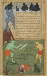 Indrajita taunts Hanuman as he slays an illusory image of Sita