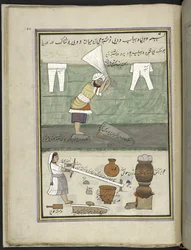 Washerman and washerwoman, 86 drawings bound into a volume depicting trades and occupations in Kashmir, Craftsmen are shown at work with their implements and equipment, By a Kashmir artist, probably at Srinagar