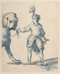 Polish dwarf leading a dog