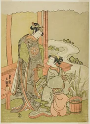 The Actors Nakamura Tomijuro I as Enju Disguised as the Shirbyoshi Gio, and Nakamura Noshio I as Goo Disguised as Hotoke Gozen, in the Play Miyako-zome Gio Katsugi, Performed at the Morita Theater in the Eleventh Month, 1770
