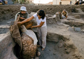 Archaeologists with a mummy bundle found at the school dig site
