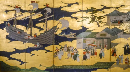 Samurai - Folding screen of Namban Byobus - Southern Barbarians - A Portuguese Ship entering a Japanese Port