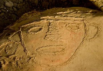 The fardo, or mummy bundle, in the principal tomb in the southwest corner of Huaca El Brujo., 2005
