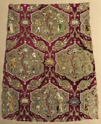 Brocaded Velvet with Falconer and Attendant in Animated Lattice, from a Robe