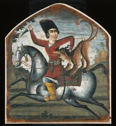 Hunter on Horseback Attacked by a Mythical Beast