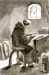 St. Vincent Writing in His Cell at Ferins, from The Trias Thaumaturga, or Three Wonder-Working Saints of Ireland, by Mary Cusack (1829-99) Published c.1890s