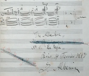Sheet music for the piano suite "La Vega" with autograph by Isaac Albéniz (1860-1909), Spanish composer and pianist. Manuscript date 14 February 1897. National Library of Catalonia.