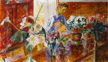 An Interior with a Woman Watering Plants