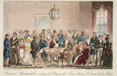 Bernard Blackmantle reading his play in the Green Room of Covent Garden Theatre, from The English Spy