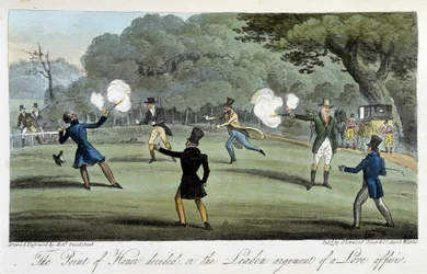 Duel with a Pistol for a Matter of Heart - in The English Spy by Charles Molloy Westmacott, Illustrated by Robert Cruikshank, London