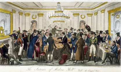 The Interior of Modern Hall - in The English Spy by Charles Molloy Westmacott, drawing by Robert Cruikshank, London Edition
