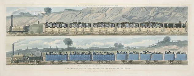 Travelling on the Liverpool and Manchester Railway: A Train of the First Class of Carriages with the Mail, and A Train of the Second Class for Outside Passengers, engraved by S.G. Hughes