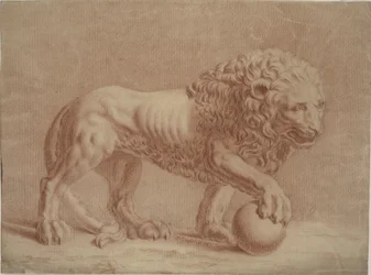Lion Turned to the Right with His Right Paw on a Globe