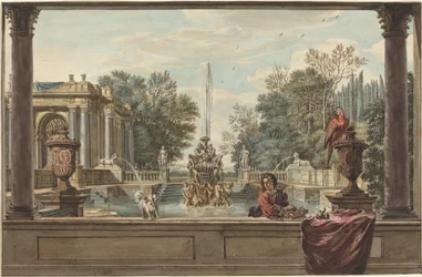 An Italianate Garden with a Parrot, a Poodle, and a Man