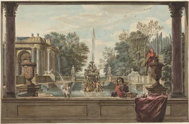 An Italianate Garden with a Parrot, a Poodle, and a Man