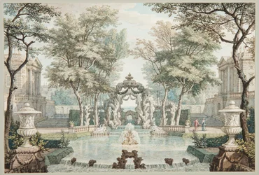 Garden with Classical Buildings and a Fountain
