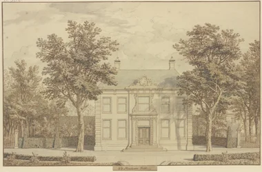 Garden with a Yew Hedge and a House between Two Trees