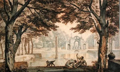 Lake with a fountain in a garden