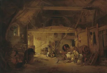 A Barn Interior with Two Children Eating and a Man Working