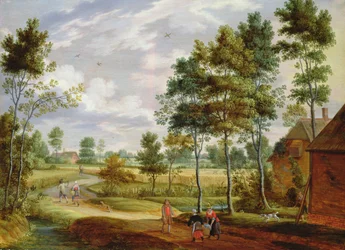 Figures Outside a Cottage in a Country Landscape