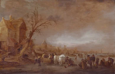 Winter Scene with Figures on a Frozen River in Front of a Walled Town