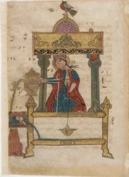 Hand-washing automaton with flush mechanism, folio from The Book of Ingenious Mechanical Devices; by Al-Djazari, 1315