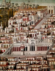 Islamic Art: View of Damascus with The Great Mosque of the Umayyads of Damascus (705-715). Anonymous Syrian painting of the 17th century