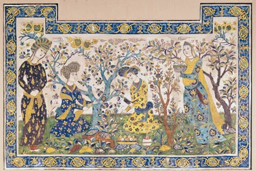 Mural Panel of Figures Relaxing in a Garden, from the Tchehel Sutun or Pavilion of Forty Columns Built by Shah Abbas II (1642-66), Persian, from Isfahan, Iran