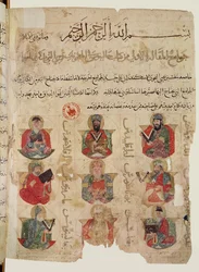 Pythagoras teaching 8 other physicians including Galen and Andromachus, illustration from an arabic translation of De materia medica