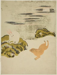 Hares Playing in Surf on a Moonlit Night